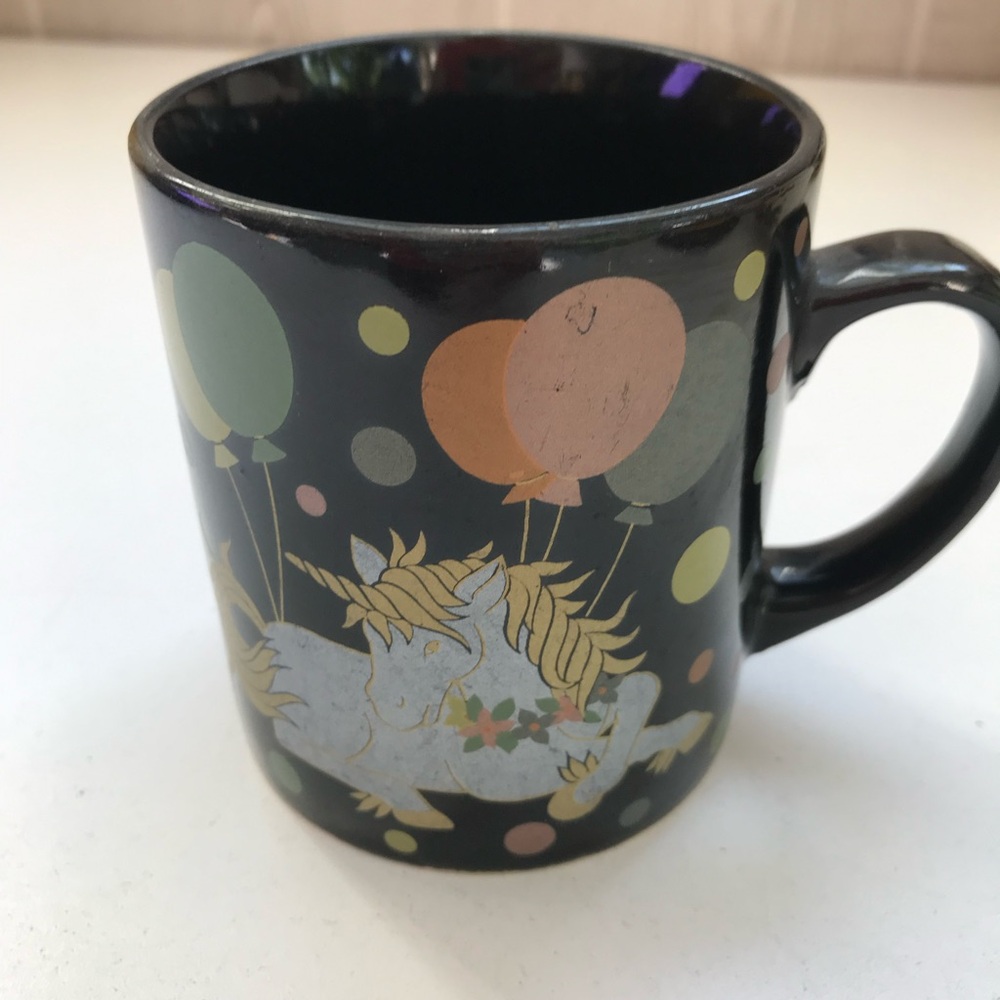 Whimsical Black Mug with Unicorn and Balloons